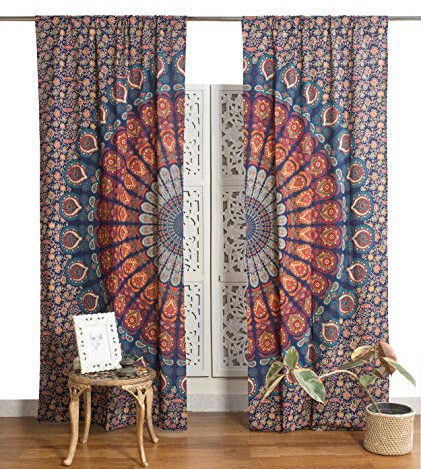Popular Handicrafts Indischer Hippie-Vorhang, Bohemian-Stil, Pfauen-Mandala, Blau