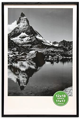 TheDisplayGuys - Contemporary Aluminum Picture Frame - Tempered Glass - 12x18 matted to 11x17 - Black - Wall Hanging