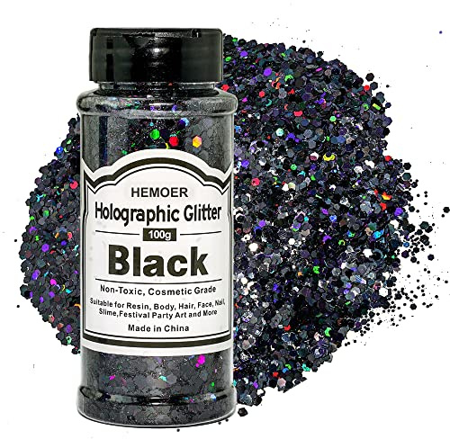 HEMOER Holographic Chunky Glitter, Schwarz 100g Chunky Pailletten Glitter, Craft Glitzer für Harz, Gesicht, Nagel, Körper, Kunsthandwerk, Slime Festival Party Art, Glitzerpuder für Nägel Glitzer