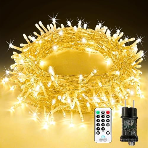Lichterkette Außen Strom, 10M 100 LED Lichterkette Weihnachten, Warmweiß | IP65 Wasserdicht Lichterkette mit 8 Modi, Fernbedienung, Merkfunktion & Timer für Innen Garten Party Hochzeit Weihnachtsdeko