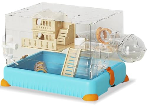 Acryl Hamsterkäfig mit Röhren Tablett Typ Rennmauskäfig Klar Kleintierkäfig mit Wasserflasche und Übung Rad, Hamsterkäfig für Hamster Mäuse Gerbil(Blue)