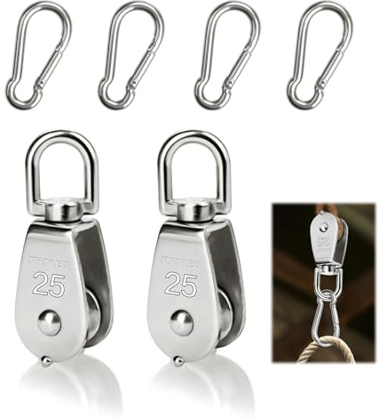 2 Stück Blockseilrolle, M25 Umlenkrollen mit 4 Stück Karabiner Seilrolle Edelstahl Flaschenzug Riemenscheibe Seilblock Tragkraft 150Kg für Seile Stahlseil(Silber)
