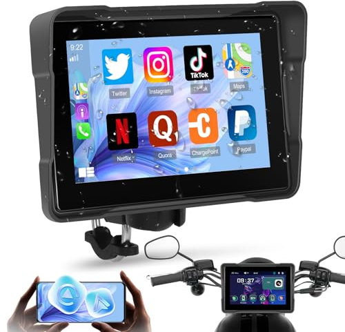 Schermo Carplay portatile per moto, CarPlay wireless e Android Auto per moto, 5” IP67 impermeabile Touch Screen moto, doppio Bluetooth, supporto EQ, GPS