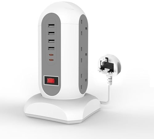 Tower Extension Lead with 9 AC Outlets & 6 USB Ports (2 USB-C), 3250W Surge Protected Multi Plug Socket, 1.7m Retractable Cable, Desk Power Strip with Switch for Home Office