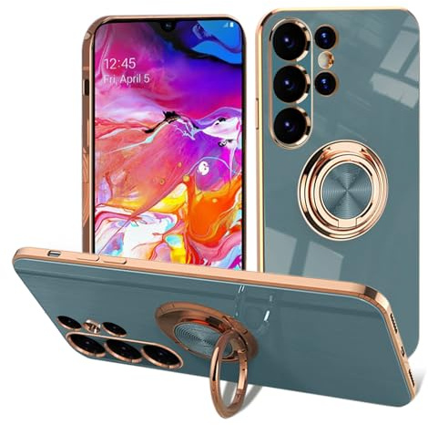EYZUTAK elektropläterad magnetisk ringhållare fodral för Samsung Galaxy S25 Ultra, 360 graders rotation metall anti-fall fingerring hållare magnet bilhållare smal mjuk silikon stöttåligt fodral – grå