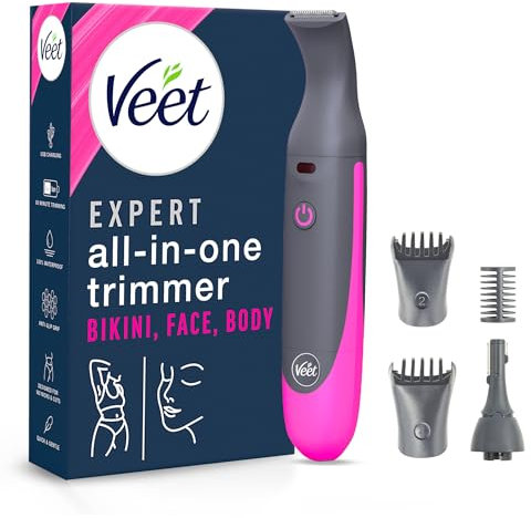 Veet Recortadora Todo en Uno, Bikini y Cuerpo Completo, Cara y Cejas, Rasuradora Mujer Zona Íntima Resistente al Agua, Con 2 Cabezales y 4 Peines para precisión, con Cargador USB