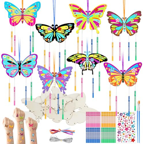 SRIZIAN 8 Pcs Wind Chime Set, Butterfly Wind Chime Kit for Kids, DIY Wooden Wind Chimes for Garden Indoor Outdoor Hanging Decorations