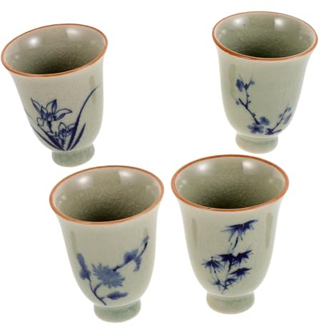 CIYODO 4 Piezas Tazas de Cerámica Pintadas Mano con Flores Tazas de Chinas para Casa y Oficina Diseño de Cuatro Caballeros Mei Lan Ju