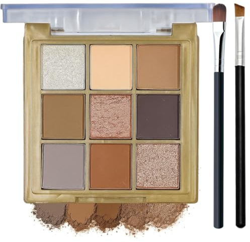 Nine-Color Matte & Shimmer Eyeshadow Palette with Warm Neutral Tones & Dual Brushes - Long-Lasting Waterproof Pressed Powder for Smoky, Natural, Everyday & Evening Eye Makeup Looks, Fragrance-Free