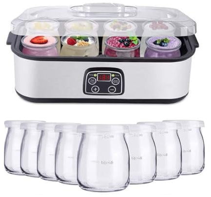 Genérico Yogurtera De Gran Capacidad De 1400 Ml, Control De Temperatura Y Tiempo Ajustables, Ahorro De Energía De 25 W, Tarros De Cristal con 8 Sabores