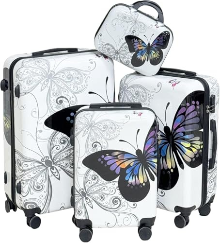 NICETRAV Butterfly Luggage Set, Hard Shell ABS+PC Carry-On with Spinner Wheels, Retractable Trolley & Reflective Surface - Lightweight Travel Suitcase Set (White Butterfly 4pcs)
