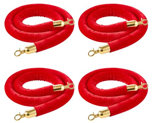 VEVOR Cordoni per Barriere di Sicurezza 4 Pezzi, Corde per Pali di Controllo della Folla da 1,5 m in Velluto Rosso con Ganci Dorati, per Eventi su Moquette, Cinema, Grandi Inaugurazioni, Hotel