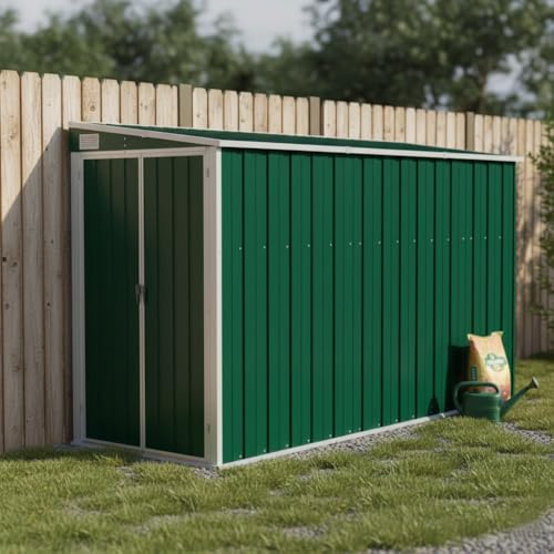 Anbauschuppen Grün 118x288x178 cm Verzinkter Stahl, Gartenhaus Metall Mit Boden Wandmontiert, Geräteschuppen Die Hütte Für Gartenwerkzeuge Und Geräte