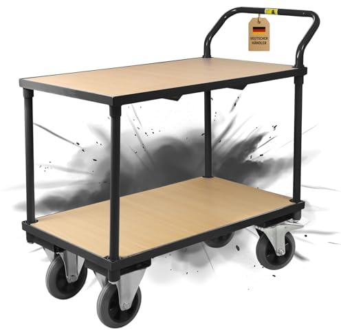 Abrollwerk Etagenwagen 400 kg Traglast – Rollwagen mit 2 Ebenen & Vollgummireifen – Plattformwagen Stahl 95x50x97 cm – Robuster Werkstattwagen Kommissionierwagen Tischwagen – schwarz (1, schwarz)