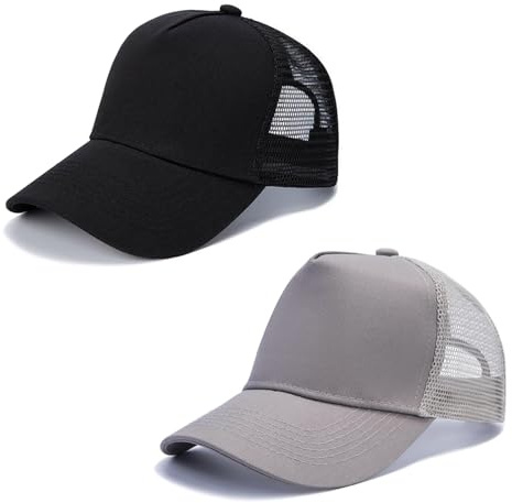 Youkly Trucker Cap Herren, 2 Stück Baumwoll Baseballkappen, Verstellbare Mesh-Männerhüte & Mützen, Klassische Sommer Kappen Herren, Snapback Baseball Caps, Schwarze + Graue Basecap