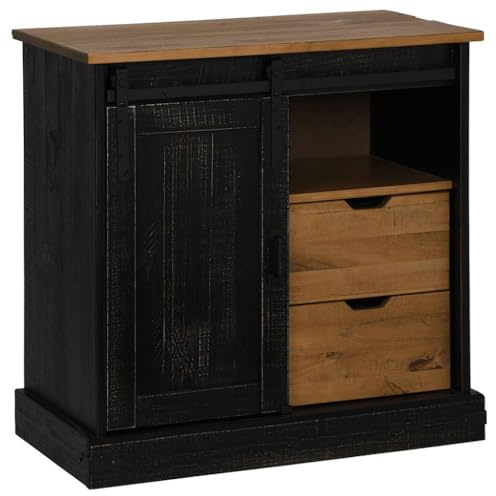 LKJephalotrop Credenza Halden, cassettiera nera, 80 x 40 x 80 cm, in legno massiccio di pino con porta scorrevole e 2 cassetti, elegante credenza per soggiorno, camera da letto e corridoio