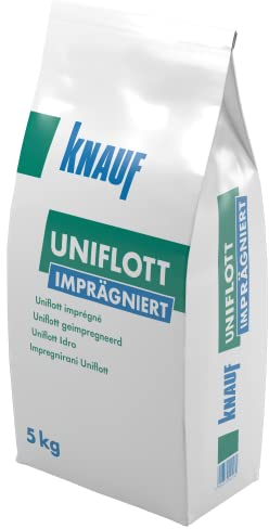 Knauf Uniflott imprägniert Gipsspachtel-Masse zum Verspachteln von imprägnierten Gipsplatten mit HRK bzw. HRAK ohne Fugen-Deckstreifen, 5 kg – Spezial-Gips, wasser-abweisende Spachtel-Masse