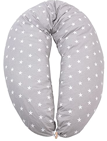 HOBEA-Germany Stillkissen 190 cm x 76 cm XXL Lagerungskissen Schwangerschaftskissen für Baby und Erwachsene Seitenschläferkissen Stillkissen mit Bezug aus Bio Baumwolle, Grau mit Weißen Sternen