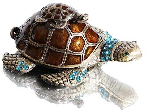 Waltz&F Turtle Trinket Jewelry Box with Sparkling Light Green Crystals,Hinged Trinket Box Hand-painted Figurine Collectible Ring Holder