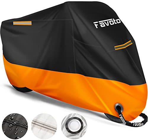 Favoto Telo Coprimoto 210D Teli per Moto Scooter Impermeabile Resistente ad Acqua/Polvere/Pioggia/Vento/Foglie, Copertura Motociclo, 245x105x125cm (Nero Arancione)