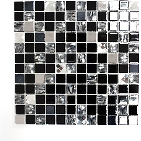 Mosaik Fliese selbstklebend Transluzent Edelstahl schwarz Glasmosaik Crystal Stahl schwarz Glas für WAND BAD WC KÜCHE FLIESENSPIEGEL THEKENVERKLEIDUNG BADEWANNENVERKLEIDUNG Mosaikmatte Mosaikplatte