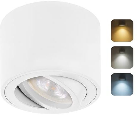 Sweet Led Aufbaustrahler Weiß Matt Ø80mm Schwenkbar aus Aluminium inkl. wechselbarem 5W CCT LED Modul 230V – 3000K/4000K/6500K Warmweiß Neutralweiß Kaltweiß – Deckenstrahler Aufputz Rund