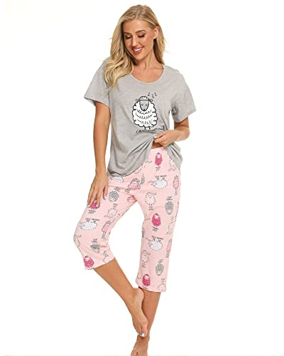 Jecarden Dampyjamas, tvådelad pyjamas, sommar, nattlinne, kortärmad hemmadräkt, bomull, sovkläder, nattkläder, topp och byxor, Grå 2, XL