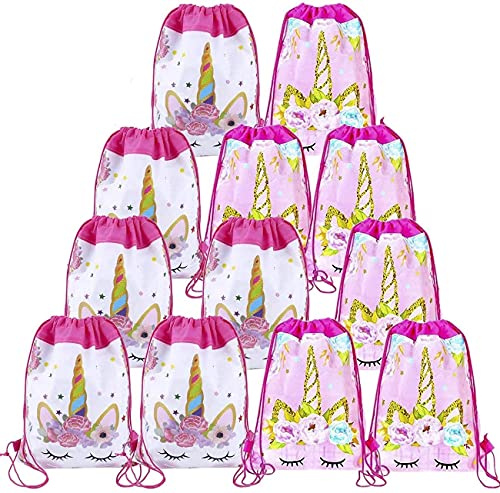 LATERN 12 stycken enhörning dragsko festpåsar, 2 stil festtillbehör presentpåsar ryggsäckar godis choklad paket väskor för barn födelsedagsfest babyshower – 34,5 x 28,5 cm