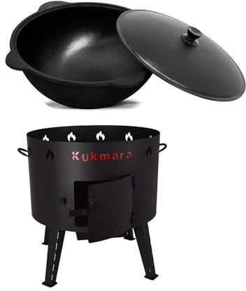 rukauf SET Utschak, 49 cm + 22 Liter INNEN GLATT GESCHLIFFEN Kasan Kazan + Alu-Deckel Feldküche Gulasch-Kessel Feuer-Ofen Outdoor
