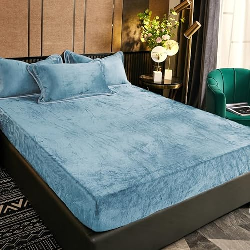 Luofanfei Winter Spannbettlaken 140x200cm Hellblau Blau Plüsch Warm Samt Kuschelige Bettlaken 140x200 Boxspringbett Frottee Fleece Biber Spannbetttücher Leintuch für Hohe Matratze bis 25-30 cm