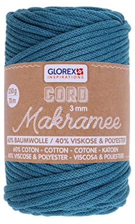GLOREX 5 1006 09 - Makramee Cord, 250 g, 3 mm, Länge 70 m, türkis, dreifachgedrehtes Baumwollgarn, 60 % Baumwolle, 40 % Viskose und Polyester, zum Häkeln, Stricken, Knüpfen und Gestalten