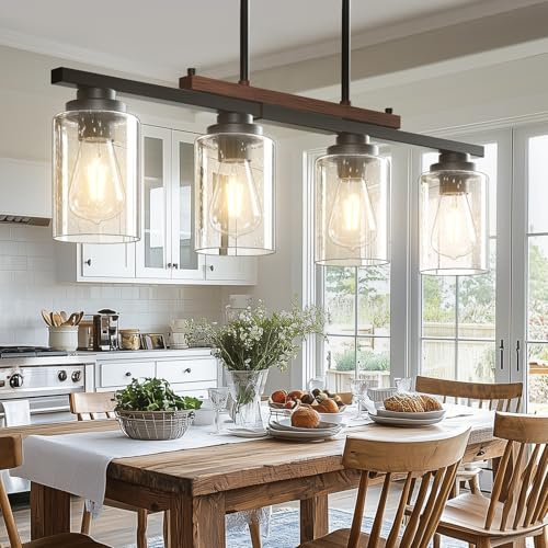 Amico Dining Room Light Fixture 4-Light Kitchen Island Lighting with Adjustable Rods, Farmhouse Decor Black Metal & Wood Chandelier with Seeded Glass Shade, Island Lights for Kitchen