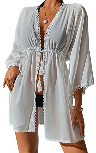 GORGLITTER Damen Kimono Strand Cardigan Strandkleid Loose Kurz Boho Bikini Cover Up Oversized Mode Leichte Beachwear Strandponcho mit Spitzen Weiß S