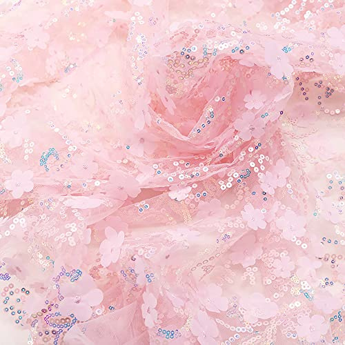 130cmx2 Yard Bestickter 3D-Pailletten-Blumen-Mesh-Stoff, Tüll Stoff für Hochzeit Geburtstag Weihnachten Fest Kommunion Party Deko,Nähen von Brautschleiern Hochzeitskleid Tischläufer Tutu Röcken,Rosa