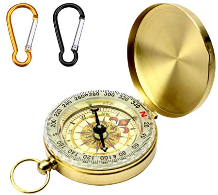 1 montre de poche boussole dorée avec 2 mousquetons (noir et orange), boussole directionnelle d'extérieur en cuivre pur, montre de poche lumineuse, pour l'alpinisme et d'autres activités