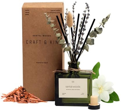 Craft & Kin Reed Diffuser with Dried Flowers | 5 oz Santal Woods Scented Reed Diffusers for Home, Bathroom | Scent Sticks | Elegant Fragrance Home Decor for Men & Women