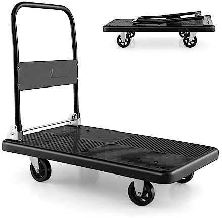 TANGZON Folding Push Cart Dolly, Rolling Flatbed Luggage Cart with 360° Swivel Wheels, Garage Warehouse Moving Platform Hand Push Truck(Black, 92 x 60 x 87cm, 400KG Capacity)