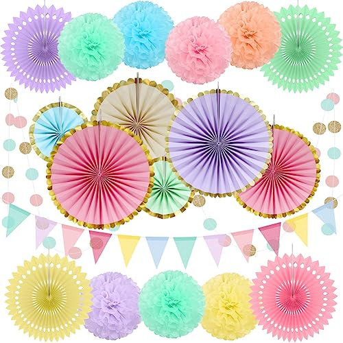 Décorations de fête réutilisables arc-en-ciel pastel pour fêtes d'anniversaire, décoration de mariage, 19 éventails en papier à suspendre, pompons, fleurs, guirlandes, pois et fanions triangulaires