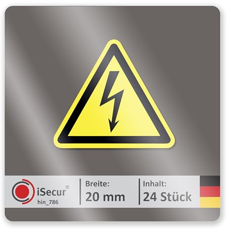 iSecur 24er Set Hochspannung Warnung Aufkleber 2 cm dreieckig - hin786 | Kennzeichnung für Schaltkästen, Kabelsysteme, Elektrozäune und Heizungen, Strom Blitz Elektronik, UV-wetterfest, innen außen