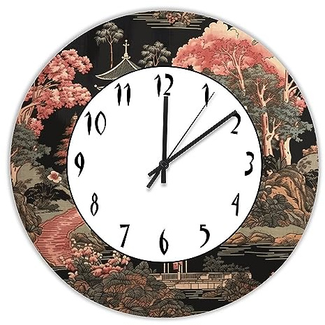 Chinoiserie Charcoal Coral Pagoda Asian Pavilion Vintage Decorative Wood Wall Clock for Kitchen Dining Room Home Decoration Farmhouse Silent Non-Ticking Battery Operated Hanging Wooden Clock 15
