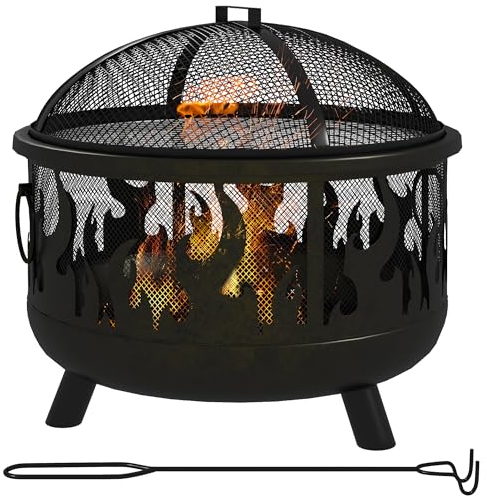 Outsunny Feuerschale Ø61 x 55cm aus Metall Feuerstelle mit Funkenschutz Schürhaken Grillrost Feuerschalen für Garten, Balkon Terrasse, BBQ Camping Schwarz