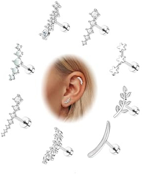 YADOCA 8Pcs 16G Helix Piercing pour Femme Acier Chirurgical Boucle d'Oreille Tragus Opale CZ Feuille Barre Oreille Conque Cartilage Bijoux Argent