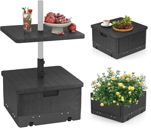 RELAX4LIFE Base de Parasol avec Table Basse Carrée 3-en-1 (Noir) | Pied de Parasol en Métal, Table d'appoint avec Trou pour Parasol, Remplissable d'eau 45L et de Sable 67KG pour Patio Jardin