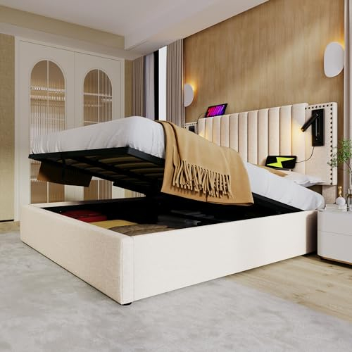 KUAKE Polsterbett 140x200,Doppelbett Stauraum Bettkasten,Leselicht mit USB Ladefunktion Kopfteil, Rückenlehne mit Nietendesign, Bett mit Lattenrost und Bettkasten, Baumwolle (Beige, 140x200cm)