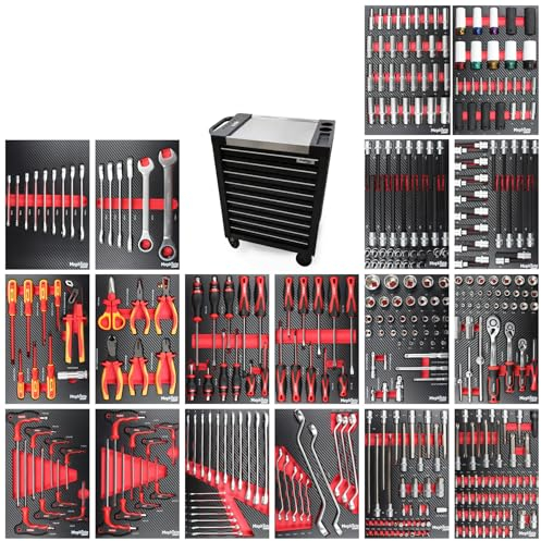 Mephisto ProLine 'Full Black' Werkstattwagen mit 9 Schubladen Davon 9 mit Werkzeug wie Schraubenschlüssel, Ratsche mit Nusskasten, Schraubendreher, VDE in Soft Inlays in Carbonoptik befüllt