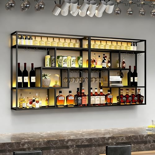 RAJYQODIS Botelleros de Pared con portavasos, Expositor de Vino de 3 Niveles, Estante Flotante de Metal rústico para licores, Ideal para Bar en casa y Cocina (Negro, 120cm)
