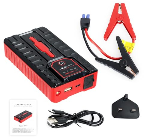 Avviatore di emergenza per auto, 600 A, portatile, power bank da 49800 mAh, con torcia a LED, clip, caricabatterie per auto, camion, moto, barche, rosso