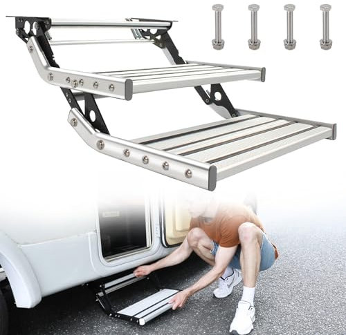 ERSINIAN Marchepied pour Camping-Car 150 kg/330 LB, marchepied Pliable en Alliage d'aluminium avec Pieds en Caoutchouc antidérapants, 2 marches (manuelles) LED