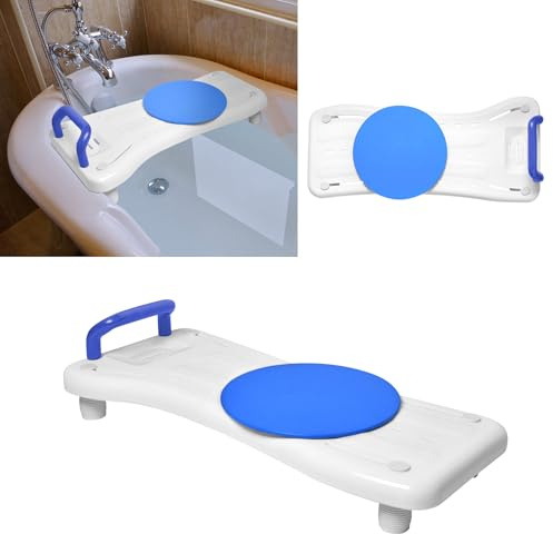 Froadp 75.5x34x10cm Badewannensitz mit Blau Griff und Drehscheibe Badewannenbrett zum Sitzen aus PP Wannensitz Badewanne Sitzbrett für Erwachsene Senioren Schwangere 41-63cm Einstellbarer Abstand