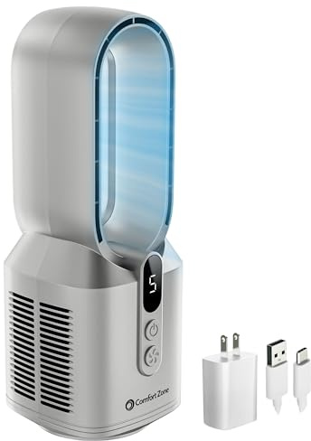 Comfort Zone Ventilador de mesa recargable sin aspas para dormitorio y hogar, 5 ajustes de velocidad, pantalla de visualización, pies antideslizantes, ideal para oficina en casa, funcionamiento